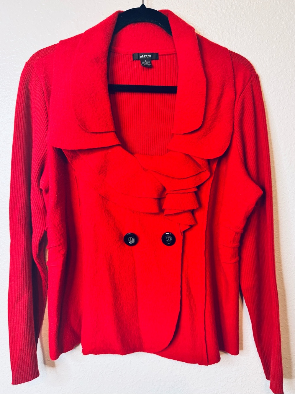 Red Alfani Merino Wool size L Women's Ruffle Cardigan Ribbed Sweater